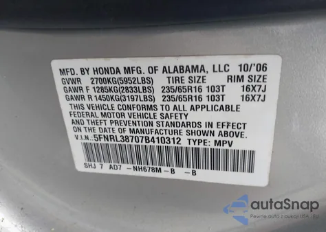 2007 Honda Odyssey Ex-L from USA, damaged, VIN 5FNRL38707B410312